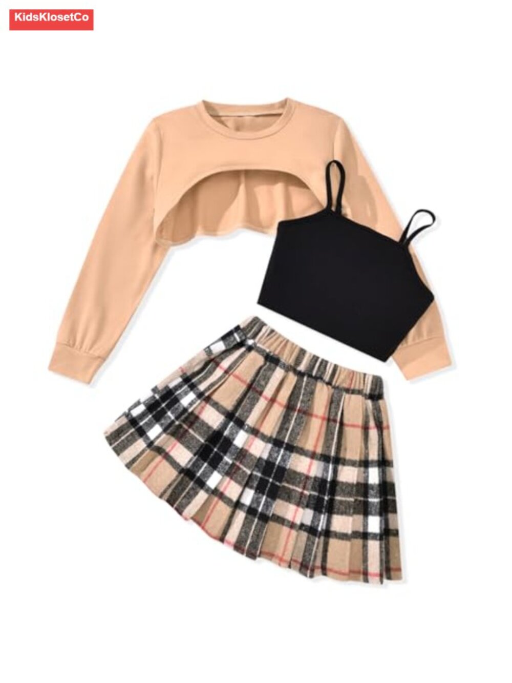 Girls 3 Piece Outfit Skirt Set Long Sleeve Sweatshirt Plaid Pleated Skirt